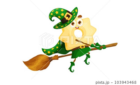 Cartoon Halloween italian pasta wizard character. Isolated vector stelle witch wearing green hat and cloak with stars flies on broomstick, ready to cast a magical spell on coven trick-or-treat party Cartoon Halloween italian pasta wizard character. Isolated vector stelle witch wearing green hat and cloak with stars flies on broomstick, ready to cast a magical spell on coven trick-or-treat party 103943468
