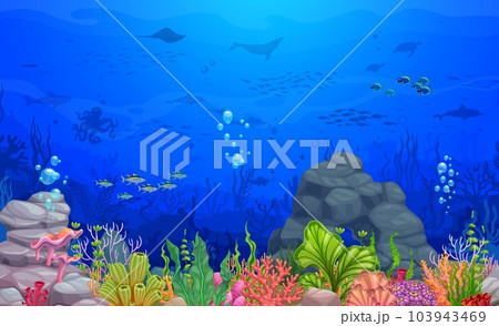 Cartoon underwater landscape, game level. Vector background with sea bottom, fishes, corals, plants, rock and animals. Tropical ocean floor, marine aquatic scene, undersea world with biodiversity 103943469