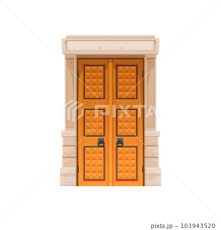 Cartoon medieval castle gate, palace wooden door. Ancient house exterior architecture element, medieval palace wooden door or historical building stone isolated vector gate. European castle entrance 103943520