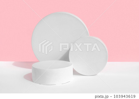 Podium for cosmetic product presentation. Abstract minimal geometrical form. Cylinder stone sphere two forms, shadow. Trendy Scene. Front view. 3D Podium for cosmetic product presentation. Abstract minimal geometrical form. Cylinder stone sphere two forms, shadow. Trendy Scene. Front view. 3D 103943619