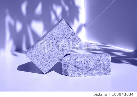 Stone Podium for promotion on violet Background. Natural pedestal. Two stone podiums. Beauty product mockup. Scene to show products. Showcase, display case. Front View, soft shadow. Rock. Very peri Stone Podium for promotion on violet Background. Natural pedestal. Two stone podiums. Beauty product mockup. Scene to show products. Showcase, display case. Front View, soft shadow. Rock. Very peri 103943634