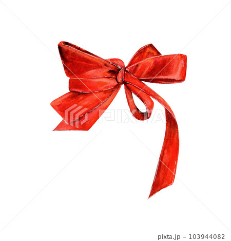 Satin bow in red. Hand-drawn watercolor illustration of a beautiful ribbon on a white insulated background. Ribbon gift wrap for an icon or logo. Drawing of a bow for designs and invitations. 103944082