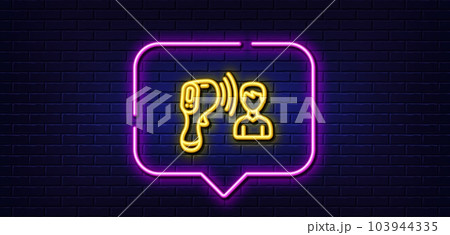 Neon light speech bubble. Electronic thermometer line icon. Temperature scanner sign. Fever measuring symbol. Neon light background. Electronic thermometer glow line. Brick wall banner. Vector 103944335