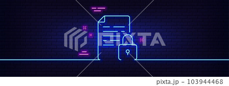 Neon light glow effect. Lock line icon. Protected document sign. Padlock file symbol. 3d line neon glow icon. Brick wall banner. Lock outline. Vector 103944468