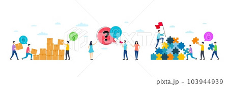 Timer, Buying and Shields minimal line icons. People characters with puzzle, delivery parcel. Lock icons. For web, application, printing. Time management, E-commerce shopping, Safe secure. Vector 103944939