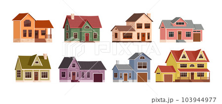 Cartoon American suburban houses. Home exterior, suburbs neighborhood buildings and real estate vector illustration set 103944977