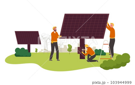 Utility workers install solar panels. Solar power plant maintenance, sustainable green energy and electrical power lines vector illustration 103944999