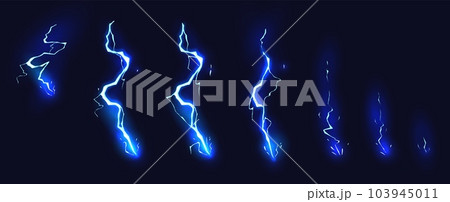 Cartoon lightning animation. Animated frames of electric strike, magic electricity hit and thunderbolt effect vector illustration set Cartoon lightning animation. Animated frames of electric strike, magic electricity hit and thunderbolt effect vector illustration set 103945011