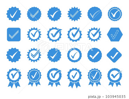 Blue check mark icons. Profile verification badge, approval seal and quality marks vector symbol set 103945035