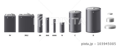 Realistic battery mockup. Different types of alkaline batteries and accumulators. Empty portable electricity power source template for design isolated 3D vector illustration set 103945085