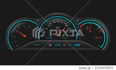 Car dashboard. Vehicle performance monitoring indicators and gauges, fuel level and speedometer ui vector illustration 103945093
