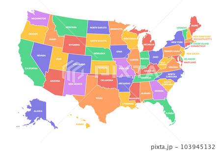 Colorful USA map. United States of America regions with different colors and names for travel and geography vector illustration infographic design Colorful USA map. United States of America regions with different colors and names for travel and geography vector illustration infographic design 103945132