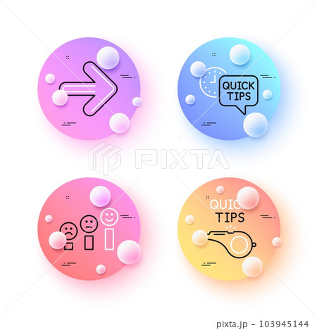 Customer satisfaction, Quick tips and Tutorials minimal line icons. 3d spheres or balls buttons. Next icons. For web, application, printing. Happy smile chart, Helpful tricks, Quick tips. Vector 103945144