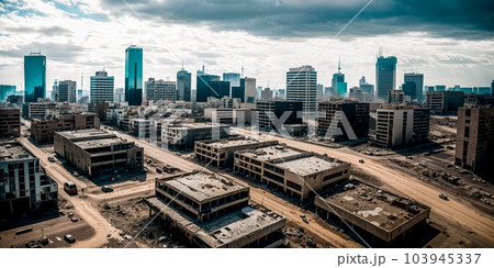 Abandoned broken big city with skyscrapers after a disaster - tornado, earthquake or war. The concept of the end of the world and destruction - apocalypse. Generative AI. 103945337