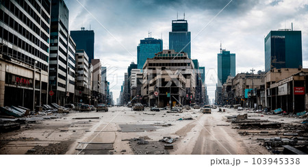 Abandoned broken big city with skyscrapers after a disaster - tornado, earthquake or war. The concept of the end of the world and destruction - apocalypse. Generative AI. 103945338