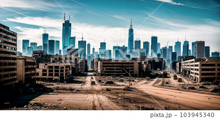 Abandoned, completely destroyed big city - a metropolis with skyscrapers. The concept of the end of the world, disaster and destruction - apocalypse. Generative AI. 103945340