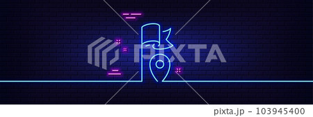 Neon light glow effect. Flag location line icon. Goal success sign. Leadership symbol. 3d line neon glow icon. Brick wall banner. Flag outline. Vector 103945400