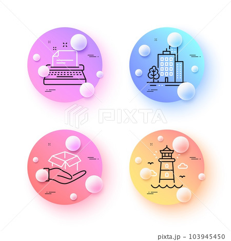 Lighthouse, Typewriter and Buildings minimal line icons. 3d spheres or balls buttons. Hold box icons. For web, application, printing. Beacon tower, Instruction, City architecture. Vector 103945450