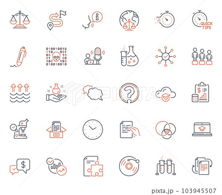 Education icons set. Included icon as Chemistry flask, Magistrates court and Timer web elements. Cloud computing, Journey, Binary code icons. Documents box, Justice scales. Vector Education icons set. Included icon as Chemistry flask, Magistrates court and Timer web elements. Cloud computing, Journey, Binary code icons. Documents box, Justice scales. Vector 103945507