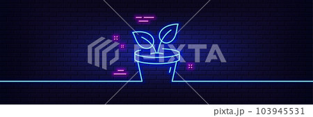 Neon light glow effect. Leaves line icon. Grow plant leaf sign. Environmental care symbol. 3d line neon glow icon. Brick wall banner. Leaves outline. Vector 103945531