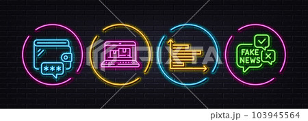 Horizontal chart, Web inventory and Wallet minimal line icons. Neon laser 3d lights. Fake news icons. For web, application, printing. Presentation graph, Online warehouse, Online money. Vector 103945564