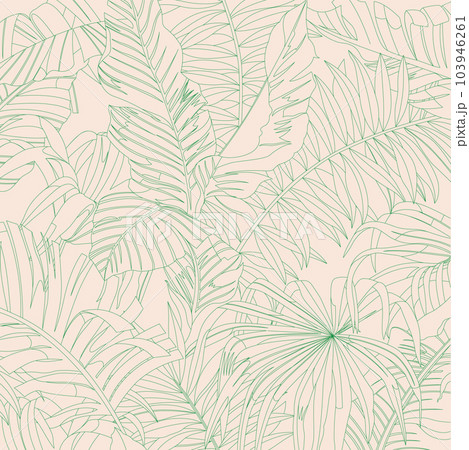 Dark green lines color of tropical leaves and plants on light green background, flat line vector and illustration. 103946261