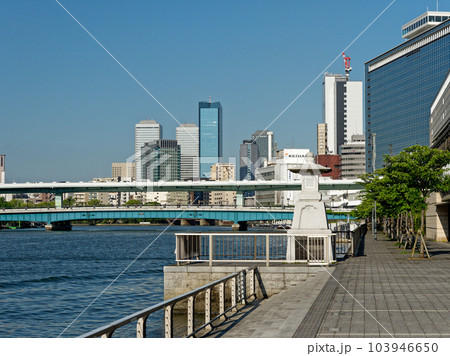 大阪 八軒家浜から見る天満橋とOBPの高層ビル群 103946650
