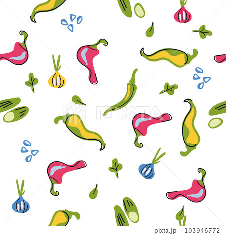 Seamless pattern hot peppers, onions. Flat modern illustration for cafe menu, restaurants, banners, posters, fabric print. Asian spicy cuisine. Chilli 103946772