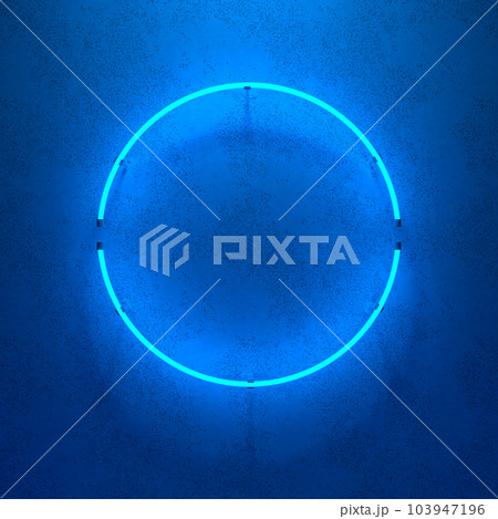 Round blue neon sign. Geometric glowing lines. Abstract background with copy space. 3d illustration. Round blue neon sign. Geometric glowing lines. Abstract background with copy space. 3d illustration. 103947196
