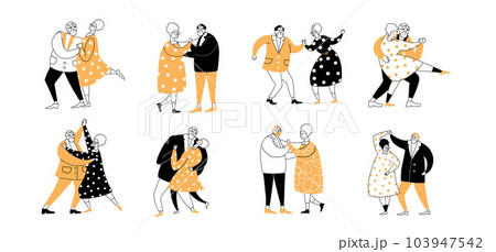 Set of doodle senior couple lovers enjoy time together, dancing, embracing, holding hands. Elder Valentine's day concept. Cute old characters dance. Simple hand drawn line and flat vector illustration Set of doodle senior couple lovers enjoy time together, dancing, embracing, holding hands. Elder Valentine's day concept. Cute old characters dance. Simple hand drawn line and flat vector illustration 103947542