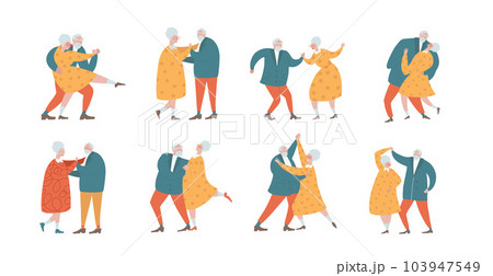 big set of Senior Couples Dance, Elderly People Romantic Relations Concept. Old Men and Women Hugging, Holding Hands while Dancing. Old Characters hobby. Flat Hand drawn Cartoon Vector Illustration 103947549