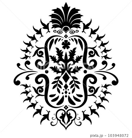 Vintage damask baroque ornament with floral retro antique style. Acanthus pattern foliage swirl design element wedding decoration. Isolated on white background. Vintage damask baroque ornament with floral retro antique style. Acanthus pattern foliage swirl design element wedding decoration. Isolated on white background. 103948072