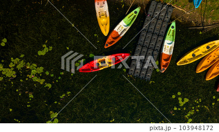 Aerial view of a kayak in wetland, Rayong Botanic Garden, Rayong province Thailand. 103948172