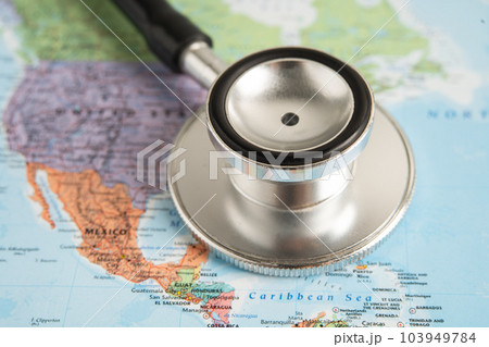 Bangkok, Thailand June 1, 2022, Stethoscope on United America world globe map background. 103949784
