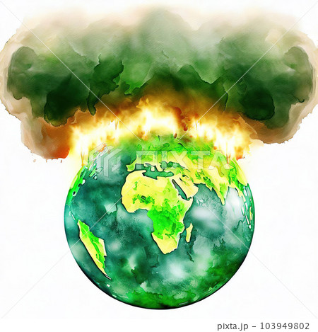 green earth under buring fire watercolor style green earth under buring fire watercolor style 103949802
