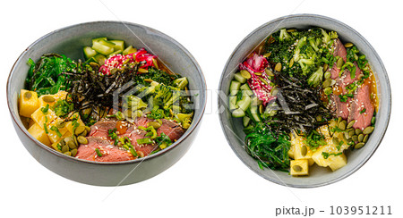 Isolated portion of poke bowl with beef pastrami 103951211