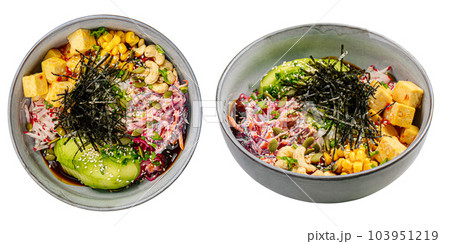 Isolated portion of poke bowl with tofu 103951219