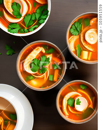 Cozy restaurant with realistic tom yam soup. 103951559