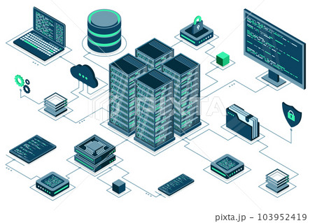 Computer technology isometric illustration. Computation of big data center. Cloud computing. Online devices upload and download information. Modern 3d isometric vector illustration Computer technology isometric illustration. Computation of big data center. Cloud computing. Online devices upload and download information. Modern 3d isometric vector illustration 103952419