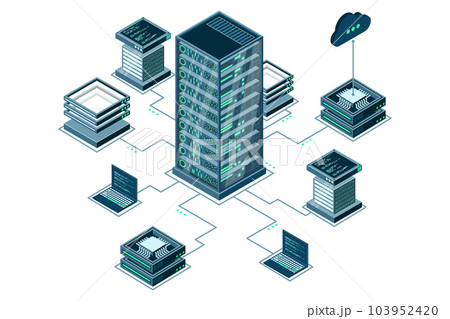 Computer technology isometric illustration. Computation of big data center. Cloud computing. Online devices upload and download information. Modern 3d isometric vector illustration 103952420