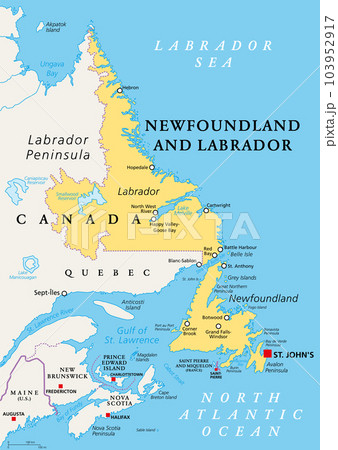 Newfoundland and Labrador, political map. Province of Canada, in the Atlantic region, with capital St. Johns. Island of Newfoundland and continental region of Labrador between Quebec and the Atlantic. 103952917