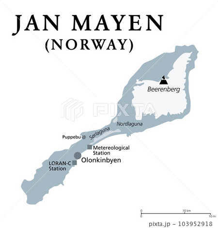 Jan Mayen, gray political map. Norwegian volcanic island in Arctic Ocean between Greenland and Norwegian Sea, partly covered with glaciers around Beerenberg volcano. Largest settlement is Olonkinbyen. 103952918