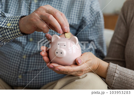 Saving money investment for future. Senior adult mature couple hands putting money coin in piggy bank. Old man woman counting saving money planning retirement budget. Saving investment banking concept 103953283