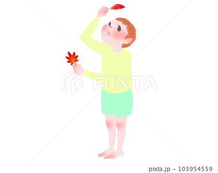 紅葉と落ち葉を太陽にかざして見ている黄色い長袖Tシャツ半ズボンを着た裸足の男の子のイラスト素材 [103954559] - PIXTA