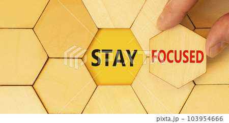 Stay focused symbol. Concept words Stay focused on beautiful wooden puzzles on beautiful wooden background. Businessman hand. Business support motivation psychological stay focused concept. Copy space 103954666