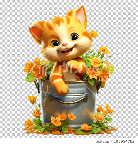 Painting of orange kitten and flowers in water bucket clip art Painting of orange kitten and flowers in water bucket clip art 103954762