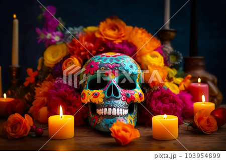 Skull in marigold flowers wreath. Dia de los muertos altar close-up. Generative AI illustration 103954899