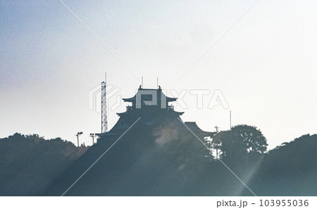 早朝のシルエットの小牧山城　光と影　麒麟の城 103955036