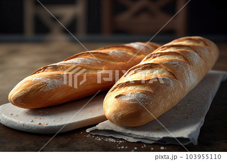 French baguette bread on wooden background - Generative AI 103955110