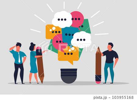 Brainstorming creative team of people. Creation of a new idea and cooperation in a team of professionals. New solution and business people come up with an idea. Vector illustration 103955168